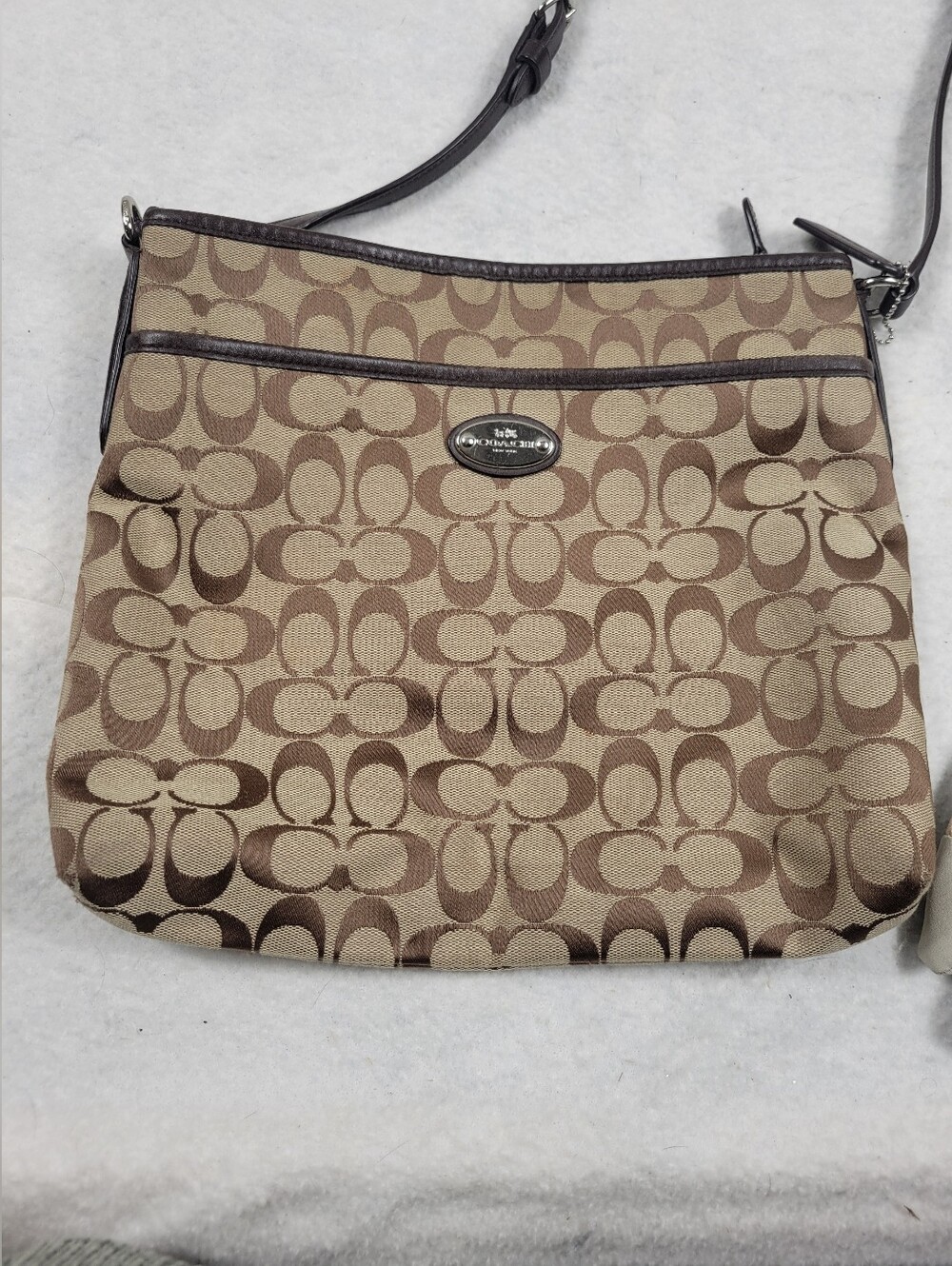 Authentic Coach Signature Jacquard File Crossbody Bag – Khaki Brown Leather Trim